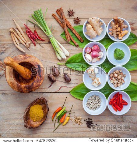 various of thai food cooking ingredients for spice red curry