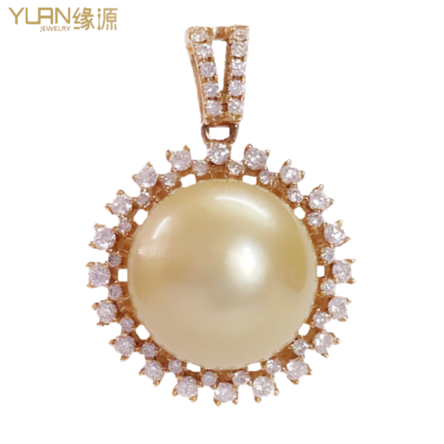 缘源珠宝天然海水金珍珠吊住18k金镶钻珍珠吊坠10mm印尼金珠吊坠女款