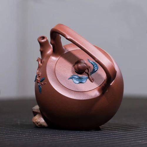 王玉芳紫砂壶作品 硕果提梁壶 底槽青 335cc 提梁 师