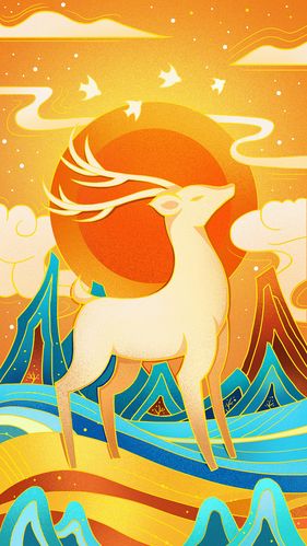 小鹿插画旭日神鹿