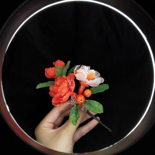 菁晏通草花石榴花发簪玛瑙石榴花发梳发饰汉服配饰此间春色配饰