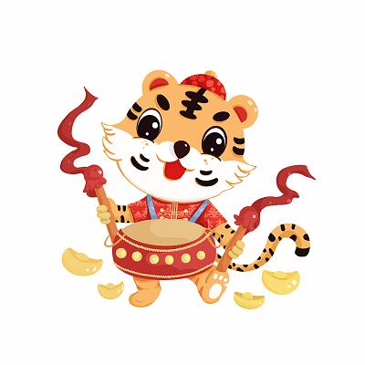 虎年老虎打鼓元素 新年氛围 卡通风格虎年新年春节2022年老虎打鼓元素