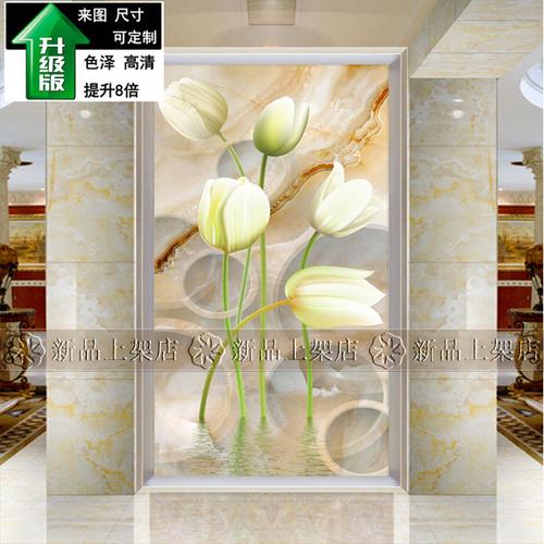 钢化雕花彩绘工艺双面效果白荷花 屏风隔断玄关背景移门 艺术玻璃