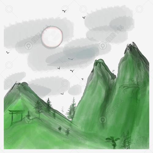 卡通手绘中国风水墨国画青山手绘免抠png