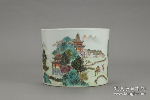 清代,"大清乾隆年制"粉彩山水人物故事笔筒