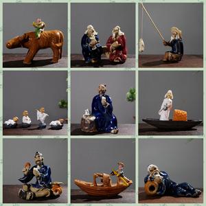 盆景假山配件 奇石小饰品摆件人物装饰品陶瓷钓鱼翁放牛牧童船夫