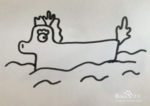 首先画出河面的波浪线条,再往上将龙舟的基本轮廓给画出来,再给它画