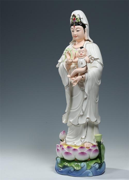 微美彩绘陶瓷21吋立莲送子观音佛像摆件家用供奉求子观世音菩萨