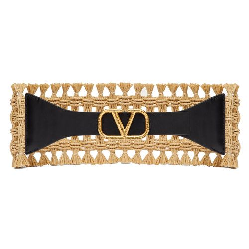 华伦天奴 2021年早春新款 女士自然色编织酒椰纤维和闪亮小牛皮vlogo