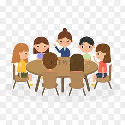 扁平风圆桌学生教师开会讨论