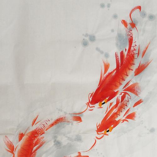 手绘国画当头花鸟鲤鱼鸿运写意画六顺