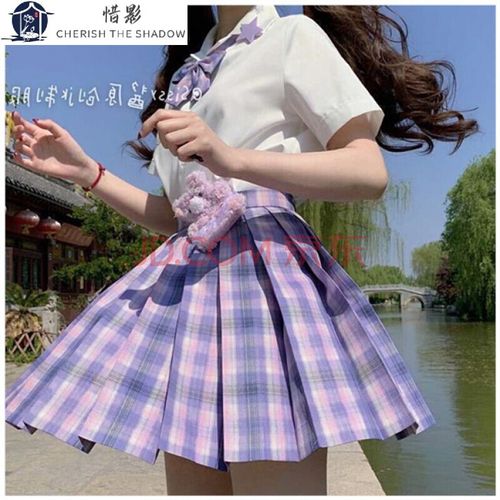 森系夏季新款韩版jk格子百褶裙女学生甜蜜风套装 紫色裙子 图片款衬衫