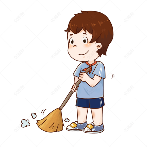 五一劳动节手绘卡通勤劳的小孩打扫卫生