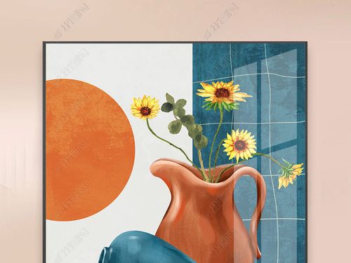 北欧风向日葵爱马仕橙色手绘花瓶重彩装饰画
