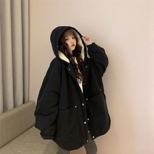 连帽加绒外套女冬装新款韩版宽松保暖棉服加厚风衣仿