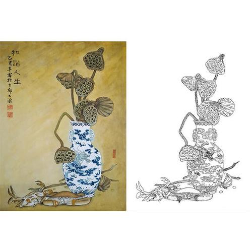 白描底稿-花瓶莲蓬-xv06 - 工笔底稿商城