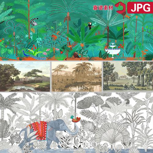 中世纪城堡热带雨林植物复古树林线描遥远风景背景墙样图