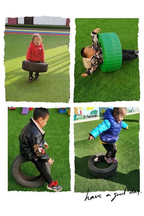 我只提出一个要求"看谁玩法多",幼儿每人一个轮胎尝试一些简单的玩法