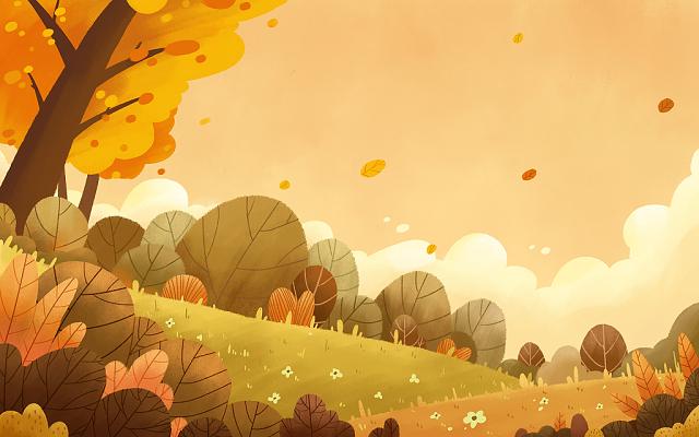 秋天插画秋日风景落叶枫叶金黄色手绘枫叶背景立秋秋风