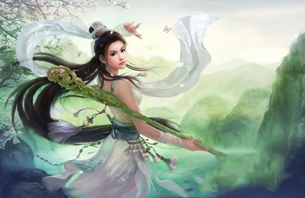 1k插画中国风古装3d古风权杖 水墨风美女超高清壁纸