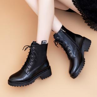 真皮短靴女2021秋冬新款系带休闲马丁靴百搭中跟加绒棉靴机车女靴