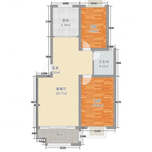 御景城2室2厅1卫1厨83.00㎡户型图