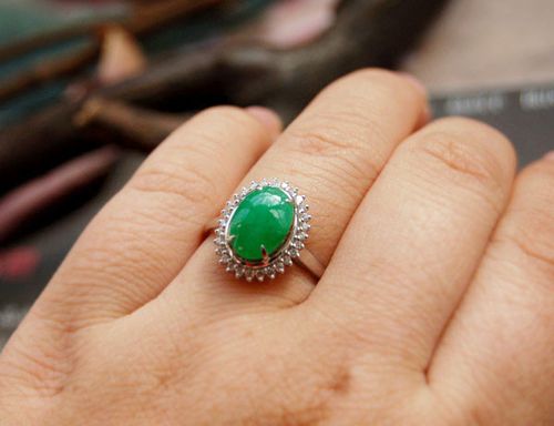 天生珠宝6696经典戴妃款阳绿18k金天然翡翠戒指145号12年诚信老店送