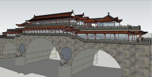 原创中式传统风格仿古建筑廊桥建筑su模型素材版权可商用
