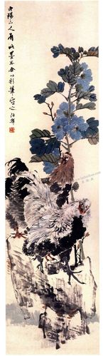 任伯年《蜀葵双鸡》立轴花鸟画高清大图