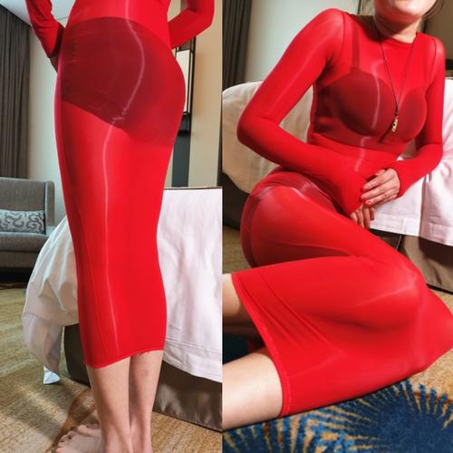 透视油光冰丝袜裙伪娘变装油亮丝滑超薄包裙性感透明包臀连体丝袜