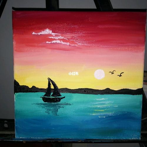 水粉画 帆船日落93 可以定制丙烯画哦!_夕阳_帆船