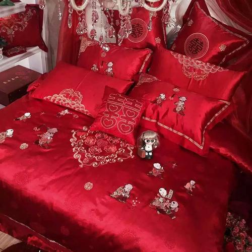 全棉婚庆四件套大红百子图结婚床上用品60支纯棉被套刺绣新婚床品