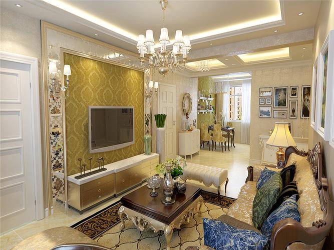 给人一种富贵大气的效果,背景墙简单的金色实木镜框线和金色烤漆玻璃