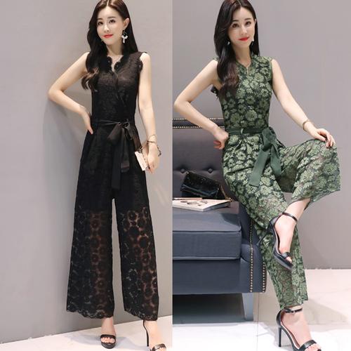 性感_性感蕾丝连体裤2019夏季女装显瘦气质露肩v领高腰阔腿连衣长裤潮