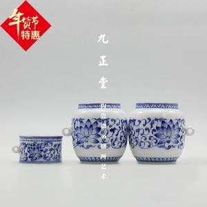 景德镇九正堂厂家直销手绘描金口青花缠枝莲灯桶画眉三件鸟食罐缸