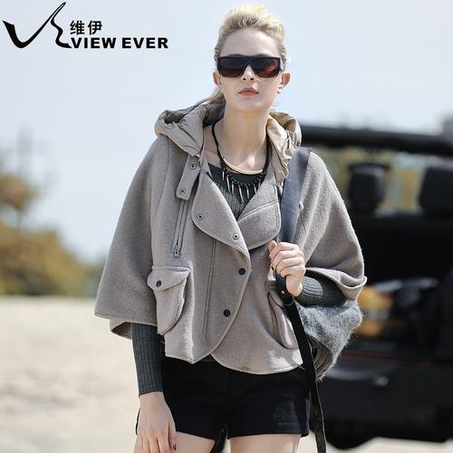 viewever维伊新款毛呢拼接羽绒带帽斗篷式轻薄短款羽绒服女装外套