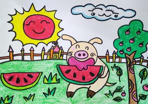 铜奖油棒画-小猪吃西瓜