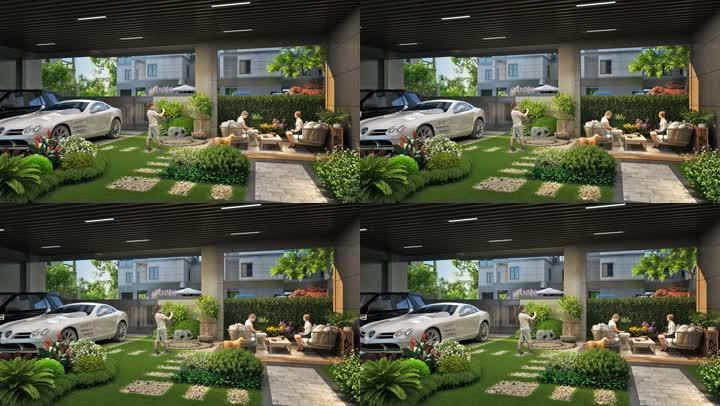 高清三维新中式别墅院落架空景观私人停车位
