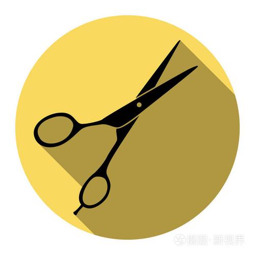 理发剪刀签署.矢量.平面的黑色图标,带上白色背景皇家黄色圆扁阴影.