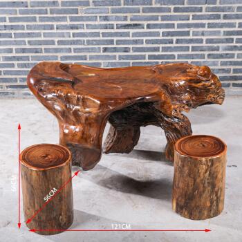 手工雕刻金丝楠树根福禄吉祥茶台z068送四个木凳