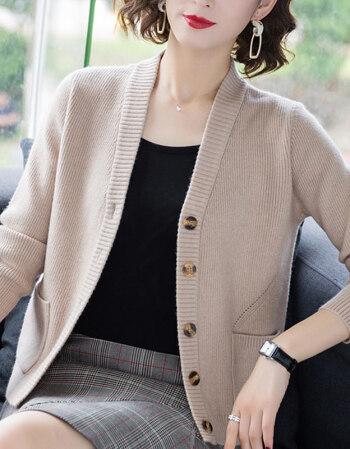 鸡心领开胸针织衫女款v领毛衣外套秋季时尚宽松开衫长袖短款杏色s