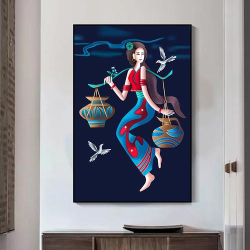 民族风挂画少女人物装饰画玄关背景墙画走廊过道壁画云南少数民族
