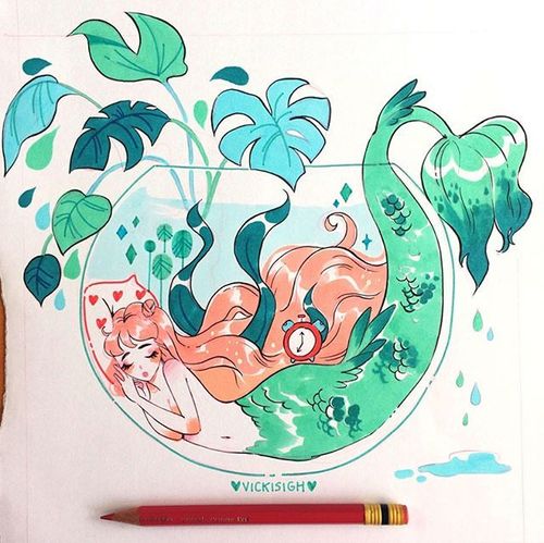 彩铅手绘简单唯美插画,用彩铅画的漂亮美人鱼