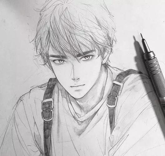 铅笔画 线稿黑白 动漫男