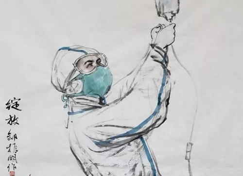 山西艺术爱好者创作国画致敬医护人员