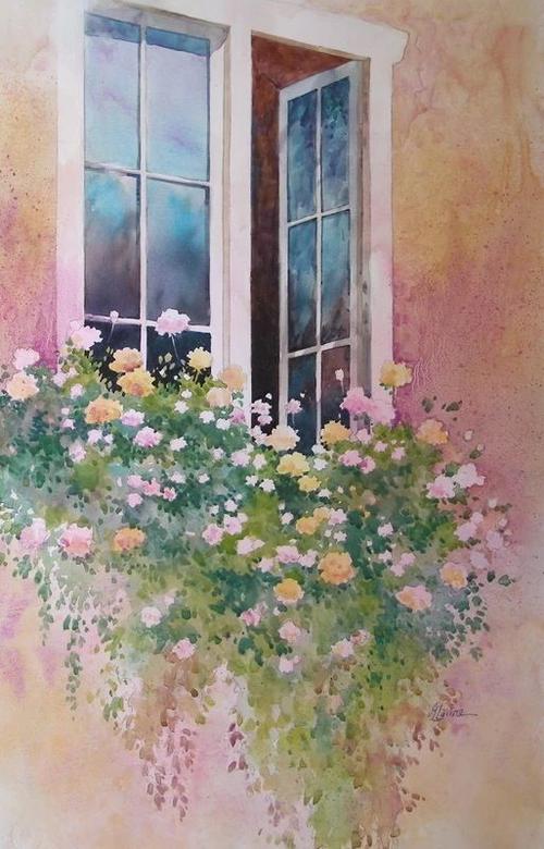 水彩 窗户 花 景色 小清新 壁纸