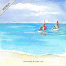 水彩画沙滩背景与两艘船