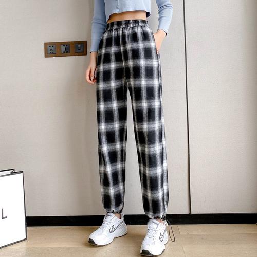 实拍~黑白格子裤休闲运动裤女哈伦宽松束脚显瘦百搭直筒抽绳收腰