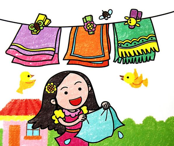 儿童油棒画晾毛巾的小姑娘