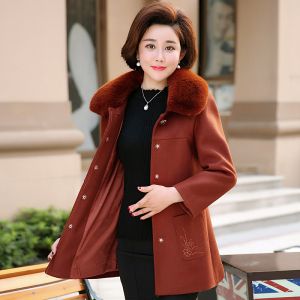 中老年女秋装妈妈毛呢外套加厚中长款秋冬中年人毛领气质呢子大衣